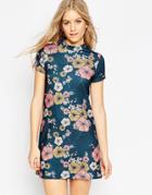 Asos High Neck Mini Dress In Textured Floral Print - Multi