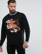 Asos Oversized Sweatshirt With Tiger Print And Tipped Ribs - Black