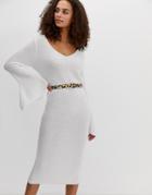 Asos Design V Neck Midi Dress With Flared Sleeve - White