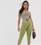 Asos Design Petite Textured Balloon Pants With Buckle - Green