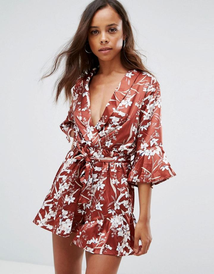 Missguided Petite Tie Waist Floral Romper - Brown