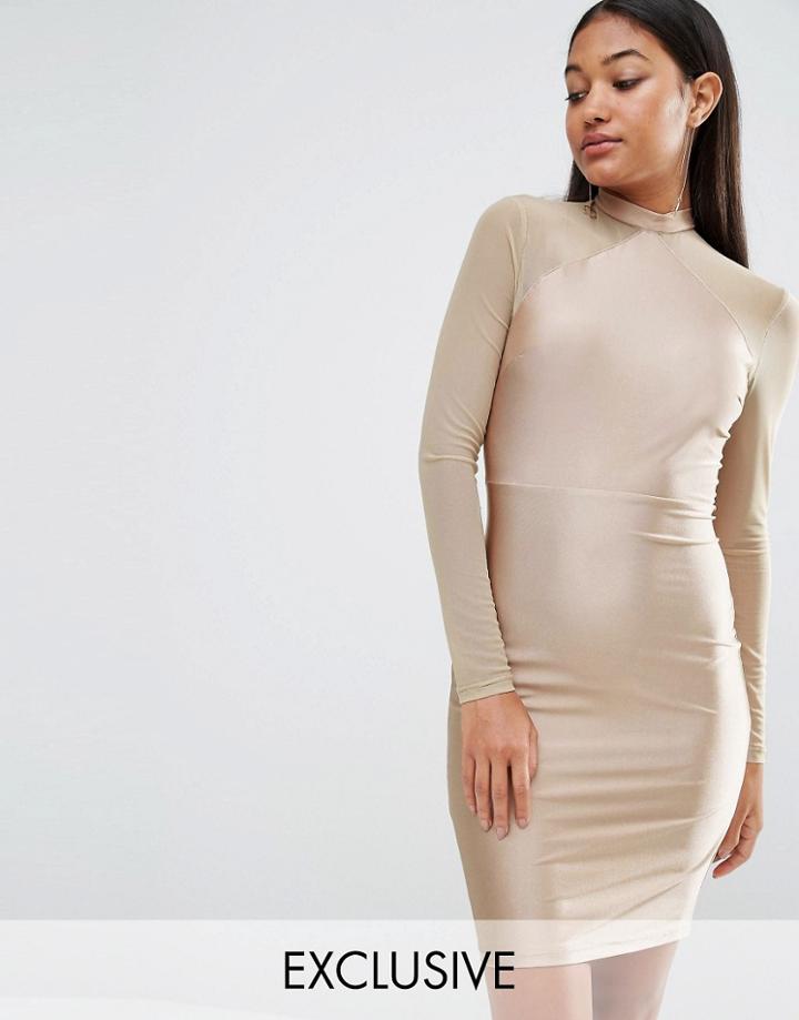 Naanaa Bodycon Dress With Mesh Sleeves - Brown