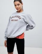 Prettylittlething California Slogan Oversized Sweater In Gray - Gray