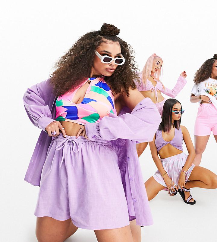 Asos Design Curve Textured Beach Shorts In Lilac-purple