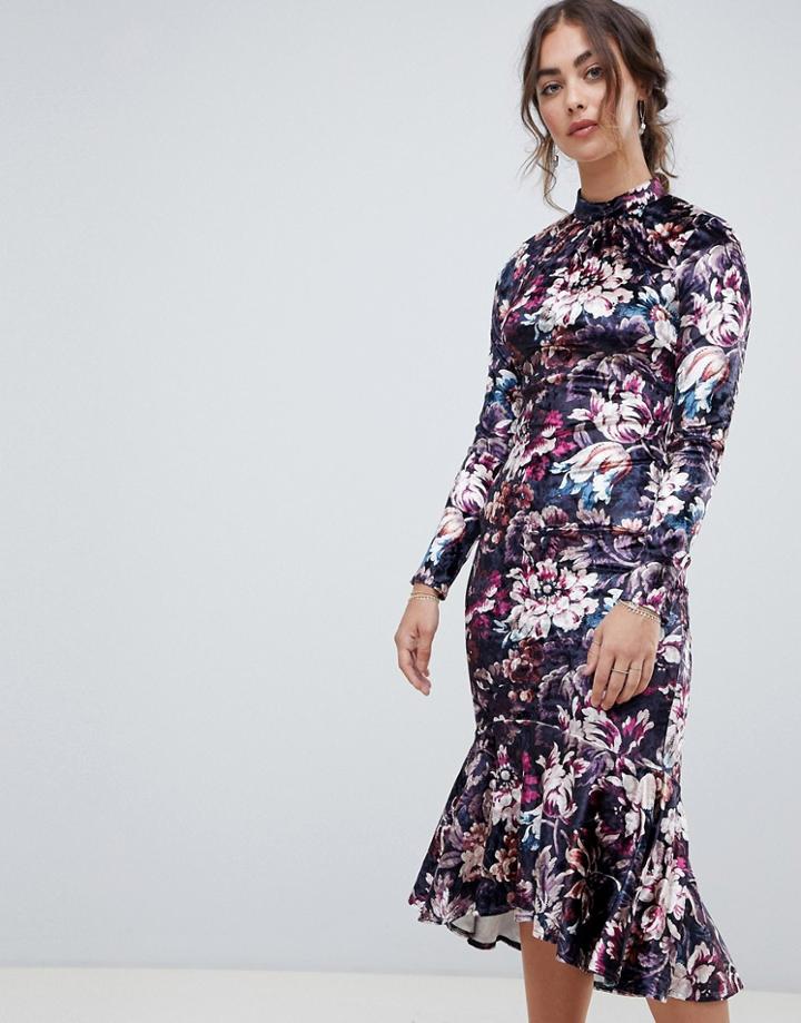 Hope & Ivy Long Sleeve Velvet Midi Dress With Peplum Hem In Floral Print - Multi