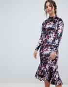 Hope & Ivy Long Sleeve Velvet Midi Dress With Peplum Hem In Floral Print - Multi