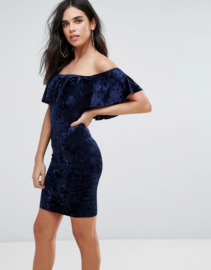 Love & Other Things Velvet Midi Dress With Frill Overlay - Navy