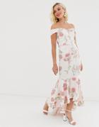 Chi Chi London Bardot Fishtail Maxi Dress In Floral Embroidery-multi