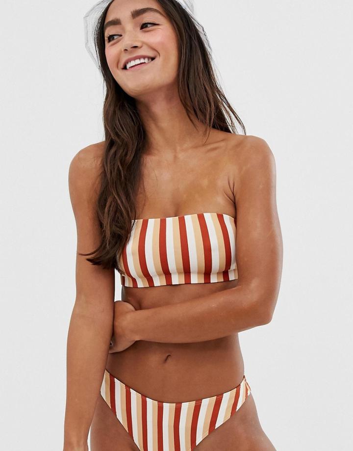 Monki Bandeau Swim Top In Brown Stripe-multi