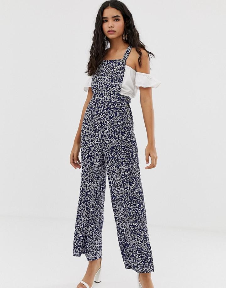 Miss Selfridge Pinny Jumpsuit In Ditsy Print - Navy