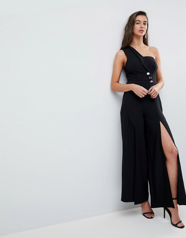 Asos Tux Jumpsuit With One Shoulder And Split Leg Detail-black