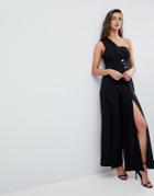Asos Tux Jumpsuit With One Shoulder And Split Leg Detail-black