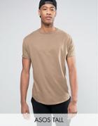 Asos Tall Longline T-shirt In Brown With Roll Sleeve And Curved Hem - Pink