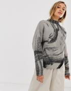 Weekday Jacquard Sweater In Mole W Black Pattern-multi