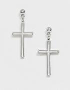 Asos Design Earrings In Cut Out Cross Design With Crystal Stud In Silver Tone