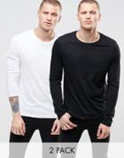 Asos 2 Pack Long Sleeve T-shirt In Black/white With Crew Neck Save - M