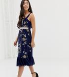 Little Mistress Petite Embroidered Square Neck Midi Dress With Fluted Hem In Navy Multi - Multi
