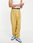 Asos Design High Waist Slim Smart Pants In Mustard Linen-yellow