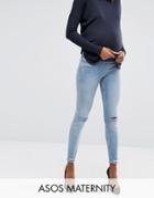 Asos Maternity Lisbon Skinny Jean In Shelby Light Stonewash With Shredded Knees And Chewed Hem With Under The Bump Waist - Blue