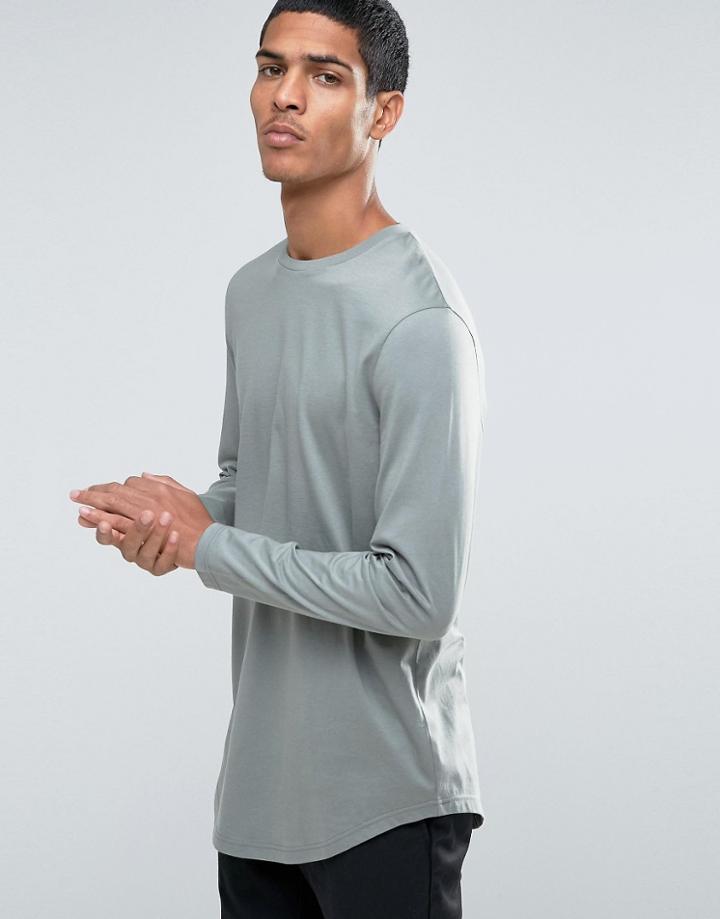 Asos Super Longline Long Sleeve T-shirt With Curve Hem In Green - Green