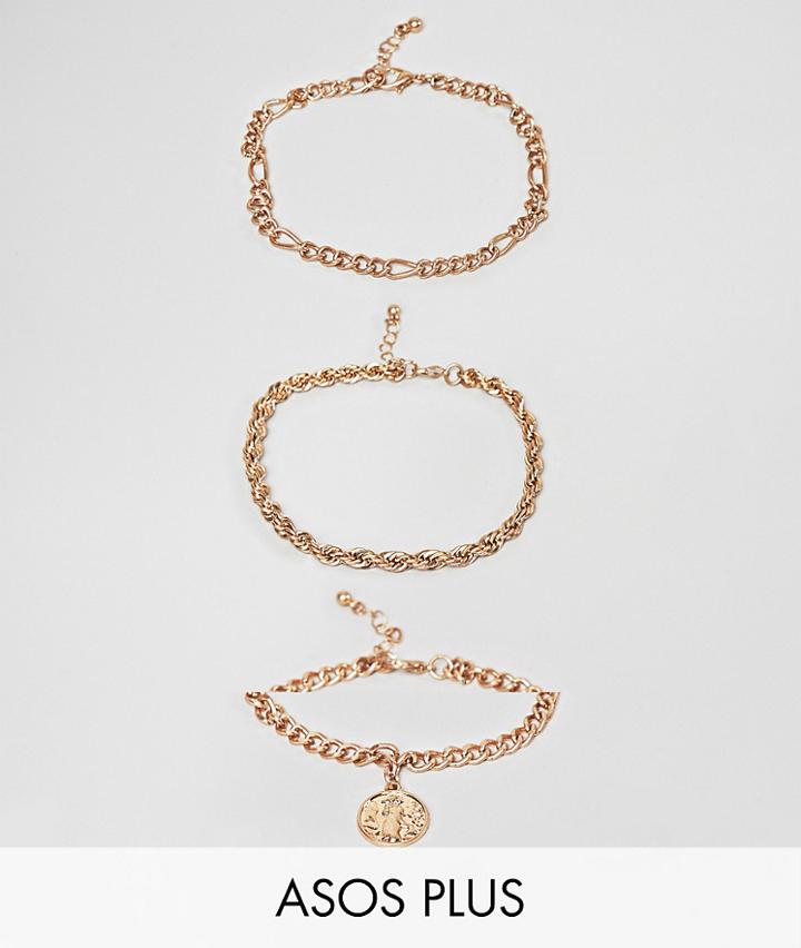 Asos Design Plus Vintage Style 3 Pack Chain Bracelets With St Christopher Coin - Gold