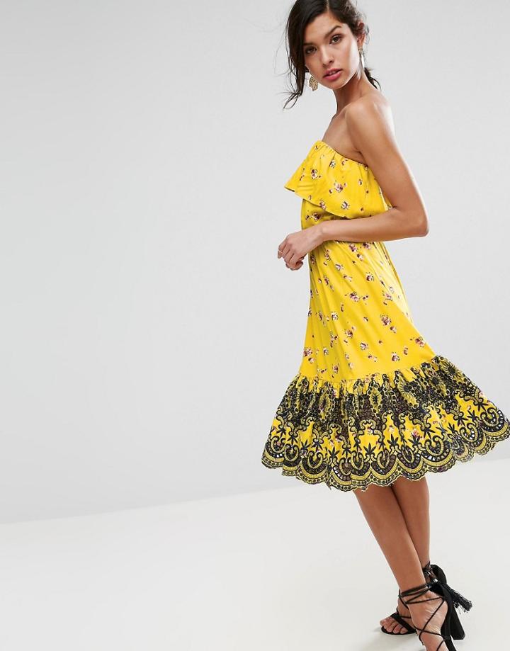 Asos Bandeau Midi Dress With Broderie Hem In Ditsy Print - Multi