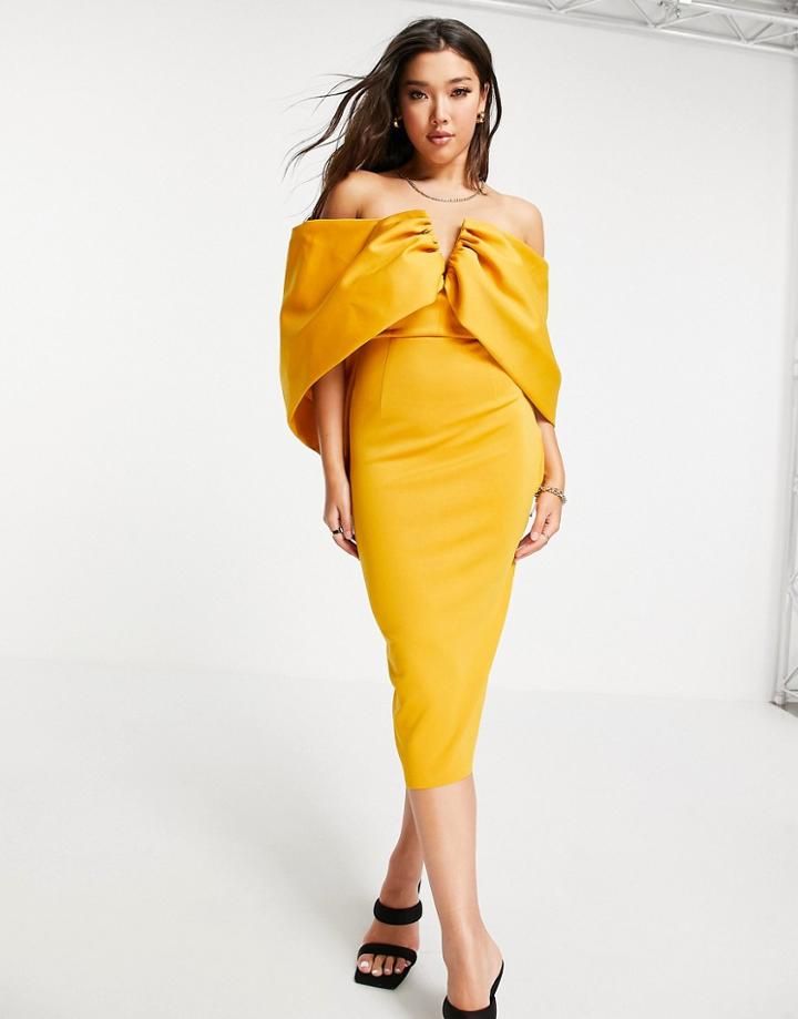 Asos Design Bardot Draped Sleeve Midi Pencil Dress In Mustard-multi