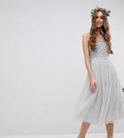 Maya Tall Cami Strap Sequin Top Tulle Detail Midi Bridesmaid Dress - Gray
