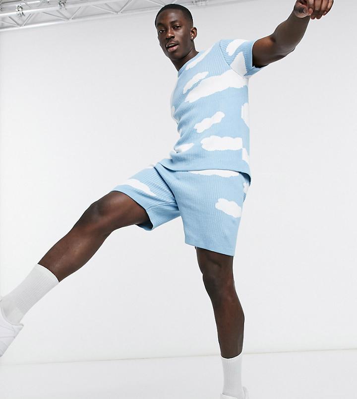 Asos Design Knitted Set Shorts With Cloud Design In Blue-blues