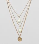 Asos Design Gold Plated Multirow Triple Pendant Necklace With Faux Fresh Water Pearl - Gold