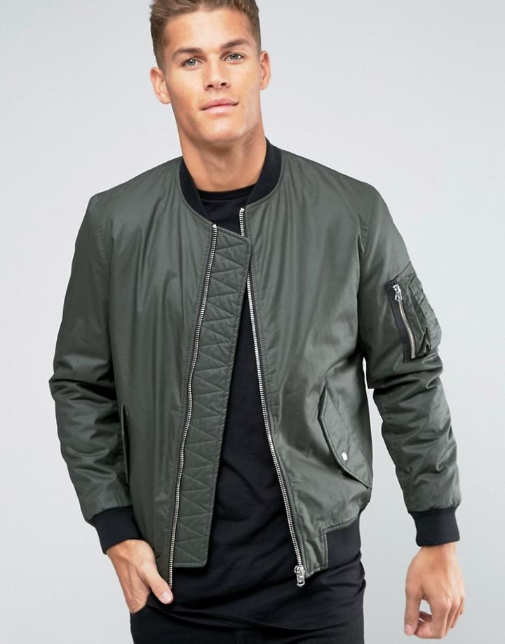 Asos Waxed Cotton Bomber Jacket In Khaki - Green