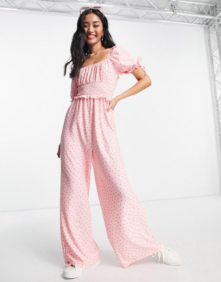 Miss Selfridge Shirred Puff Sleeve Jumpsuit In Pink Dot