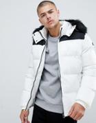Schott Puffer Jacket Detachable Hood & Faux Fur Trim 2 Tone Slim Fit In White/black - White