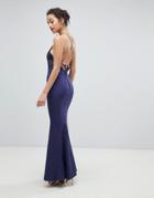 Jarlo High Neck Lace Dress With Tie Back Detail - Navy