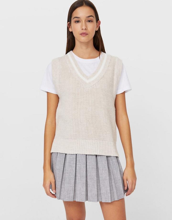 Stradivarius Knit Sweater Vest With Contrast Stripe Detail In Ecru-white