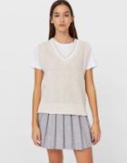 Stradivarius Knit Sweater Vest With Contrast Stripe Detail In Ecru-white