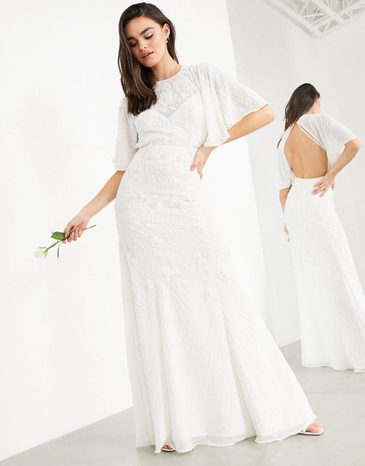 Asos Edition Gabriella Vintage Embellished Wedding Dress With Flutter Sleeve-white