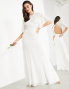 Asos Edition Gabriella Vintage Embellished Wedding Dress With Flutter Sleeve-white