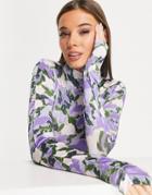 Monki Organic High Neck Top In Blue Green Floral Print