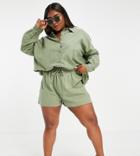 Asos Design Curve Textured Button Through Beach Shirt In Khaki-green