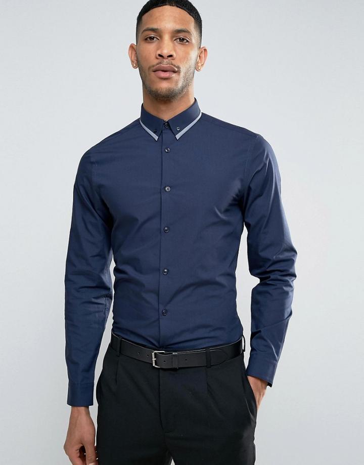 New Look Regular Fit Smart Shirt With Collar Trim In Navy - Blue