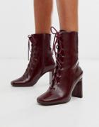 Asos Design Expression Lace Up Heeled Boots In Burgundy - Red