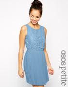 Asos Petite Exclusive Skater Dress With Pleated Skirt And Lace Top - Blue $36.00