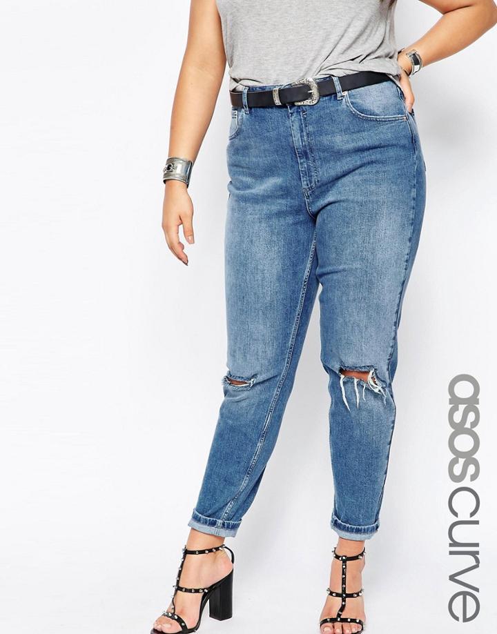 Asos Curve Farleigh Slim Mom Jeans In Prince Light Wash With Busted Knees - Blue