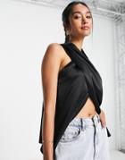 Asos Design Wrap Front Sleeveless Blouse With Pleat Shoulder Detail In Black