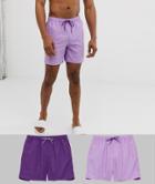 Asos Design Swim Shorts 2 Pack In Purple Mid Length - Multi