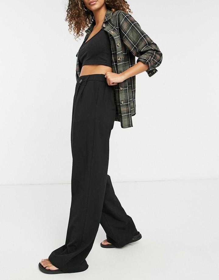 Bershka Wide Leg Tailored Pants With Stepped Waistband In Black
