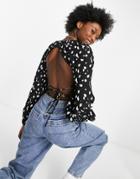 Bardot Backless Tie Back Volume Sleeve Top In Polka Dot Print-black