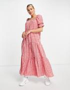 Asos Design Tiered Maxi Smock Dress In Red Gingham-multi