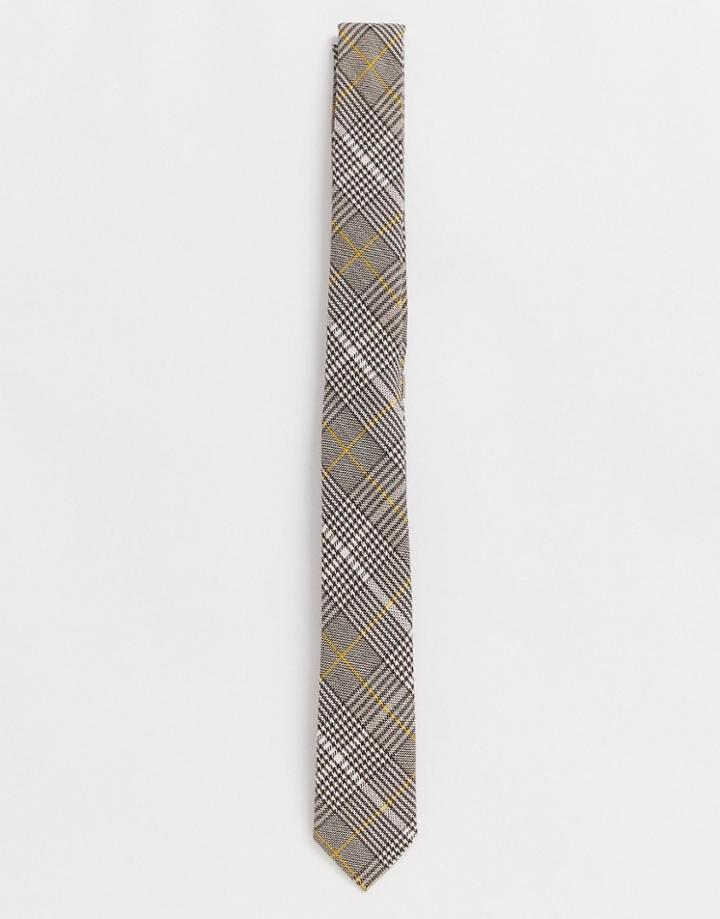 Asos Design Wedding Slim Tie In Brown Check - Brown